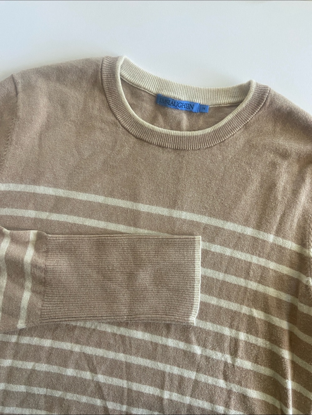 J. McLaughlin Tan and Cream Striped Crewneck Sweater High End Designer